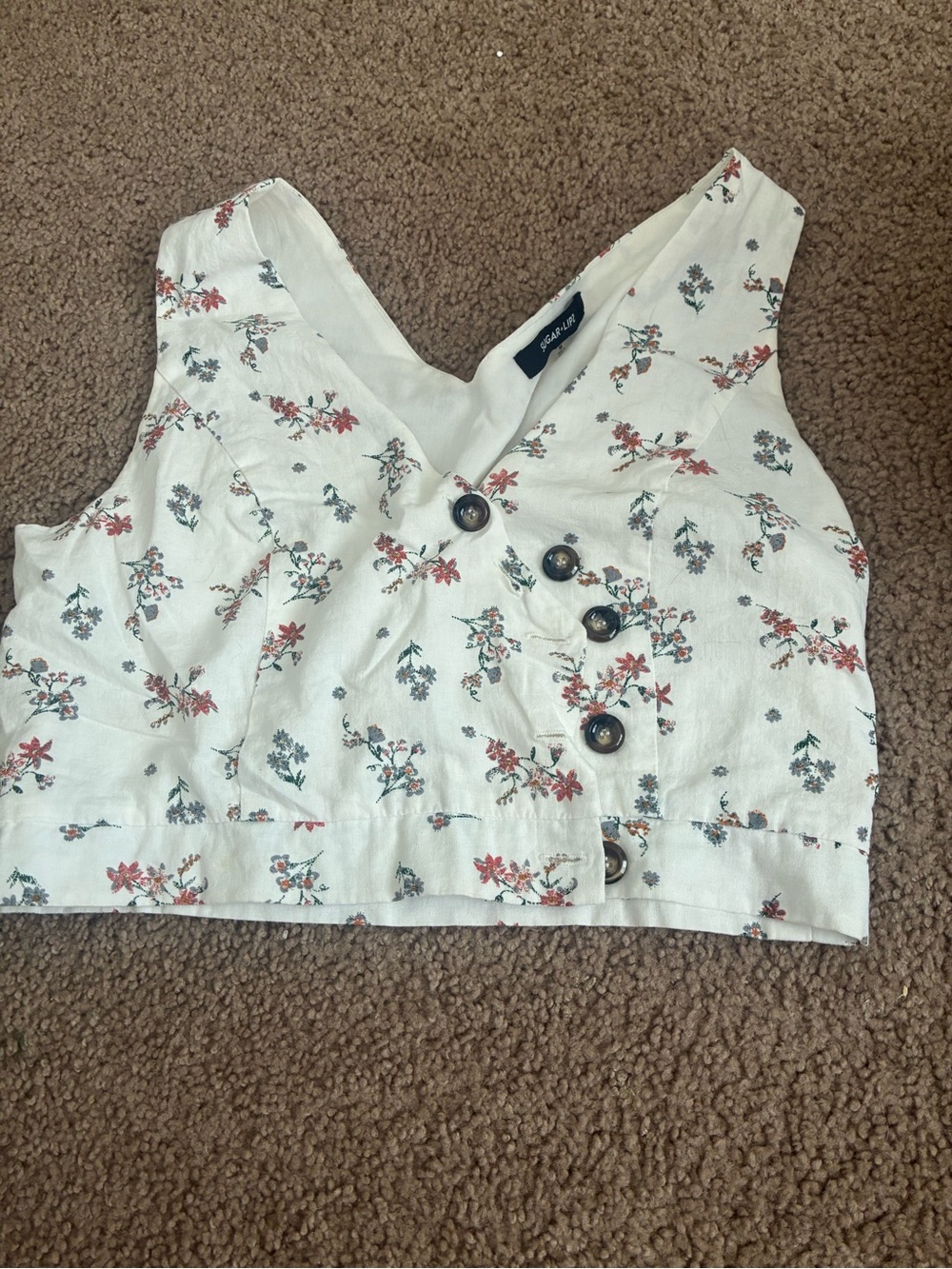 Sugarlips White Floral Cropped Button V-Neck Top